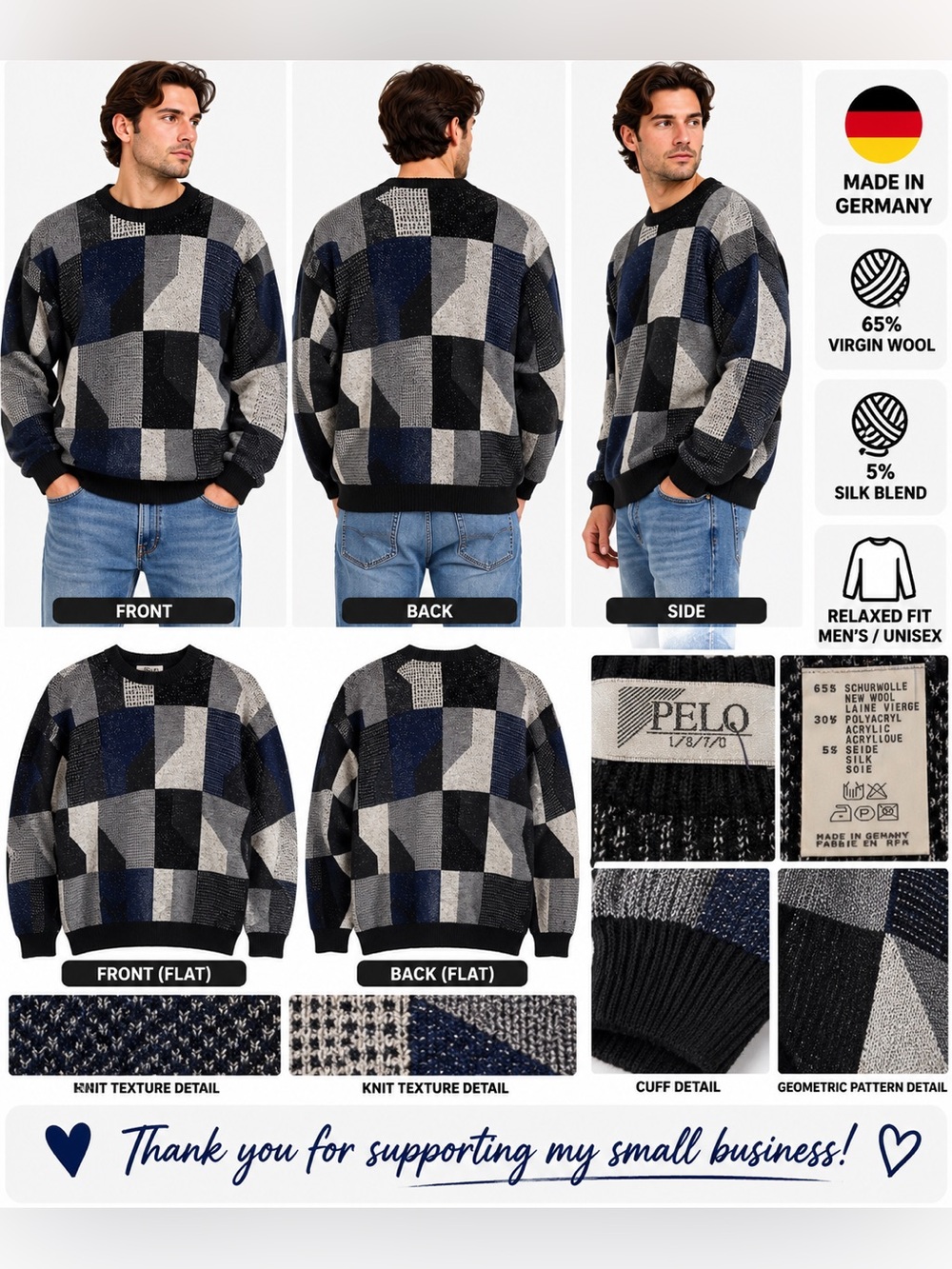 Vintage PELO Men’s Sweater Wool Silk Geometric Patchwork Made Germany